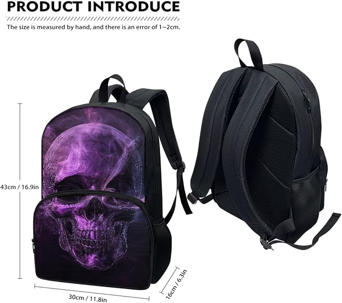 Girls Purple Skull Skeleton Flame Backpack Set 4 In 1 School Bags for Boys Kids Laptop Schoolbag Travel Bookbag Hiking Backpacks for Preschool Kindergarten Elementary Middle School - Image 2