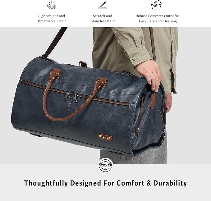 STOVER Garment Travel Duffle Bag, Large 2-in-1 Convertible Carry-on Luggage for Men & Women- Hanging Suits, Dresses & Clothes + Shoe Compartment- Weekender Tote Combo Duffel (Blue Leatherette) - Image 7