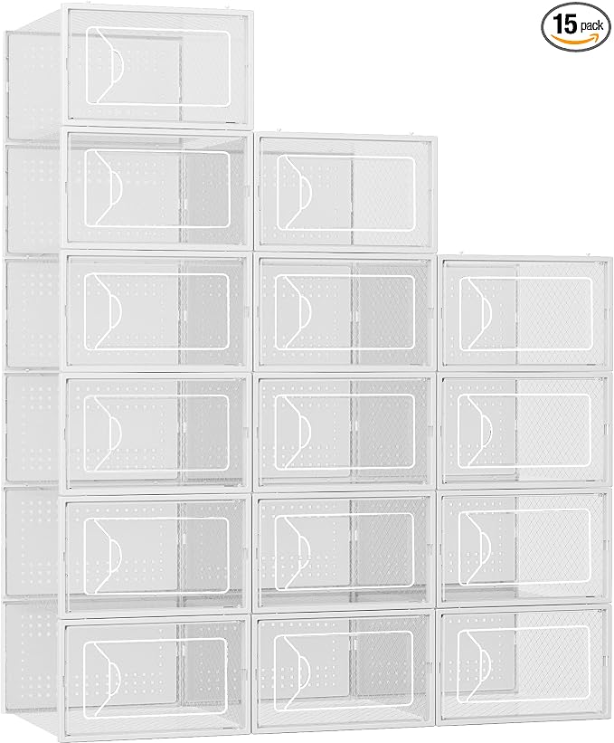 Foluck Shoe Storage Box, 15 Pack Clear Plastic Stackable Organizer for Closet, Interlocking Design Shoes Container Bins for Sneakers, Foldable Shoe Rack with Lids, White by Foluck
