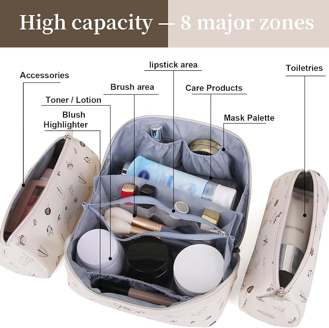 BOYATU Travel Makeup Bag Cosmetic Bags for Women: 3 Pcs Set Portable Make up Bag with Handle - PU Leather Toiletry Bags with Compartments - Makeup Organizer for Travel Essentials(L-4-White) - Image 5