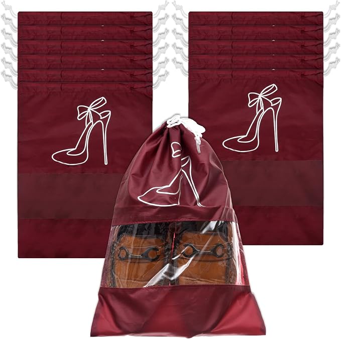 Kuber Industries Shoe Cover | Travel Shoe Storage Bags | Polyester Storage Bags | Drawstring Shoe Cover | Clear Transparent Shoe Storage Organizer | Pack of 12 | Maroon by Kuber+Industries