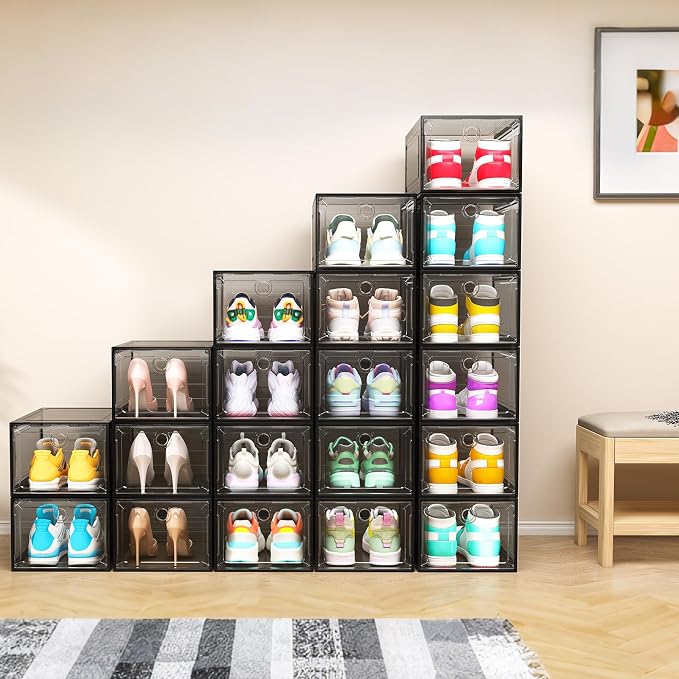 ARSTPEOE 12 Pack Upgrade Harder Shoe Organizer, Shoe Storage with Magnetic Front Door, Clear Shoe Boxes Foldable Space-Saving Shoe Rack for Sneaker Boot Container, Black - Image 5