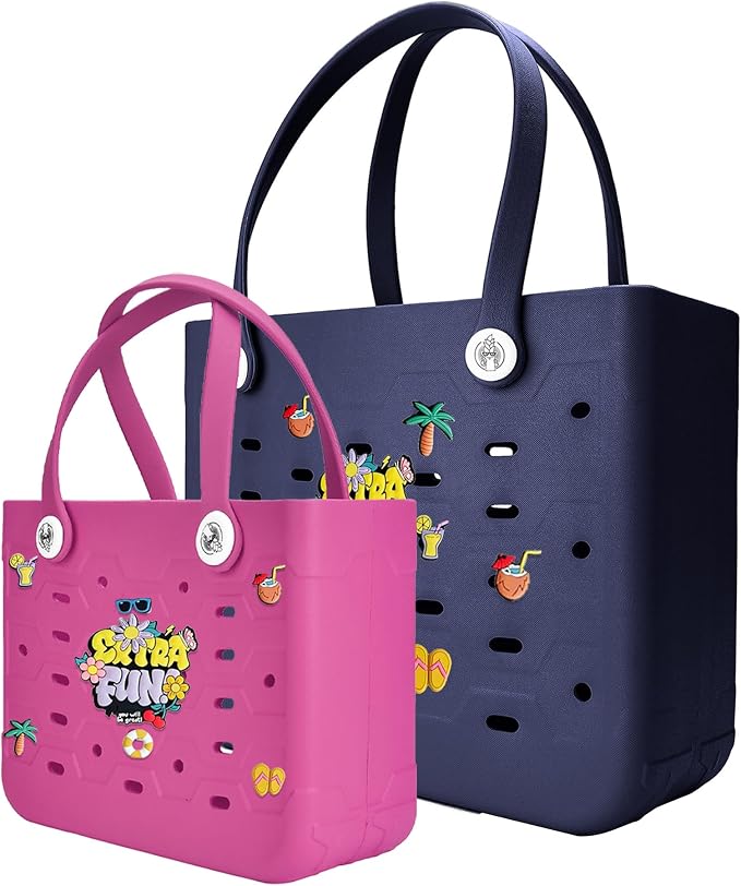 2-Pack Beach Bags Medium & Small,Waterproof Sandproof Rubber Tote Set for Women Men, Vacation Pool Boat Essentials by Unknown