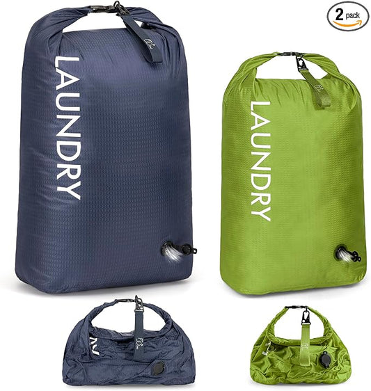 WiseBoy Travel Laundry Bag 2 Pack, Compression Laundry Bag for Dirty Clothes, Waterproof Wet Dry Bag, Pump-Free Space Saving Organizer for Suitcase Packing, Gym, Swim, Camping (Navy Blue & Green) by WiseBoy