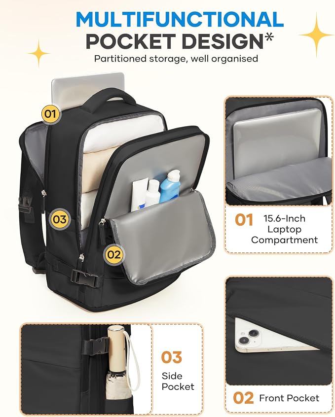 coofay Large Black Travel Backpack For Women Men Airline Approved Carry On Backpack Flight Approved Waterproof Sports Luggage Backpacks Casual Daypack Small Hiking Backpacks - Image 5