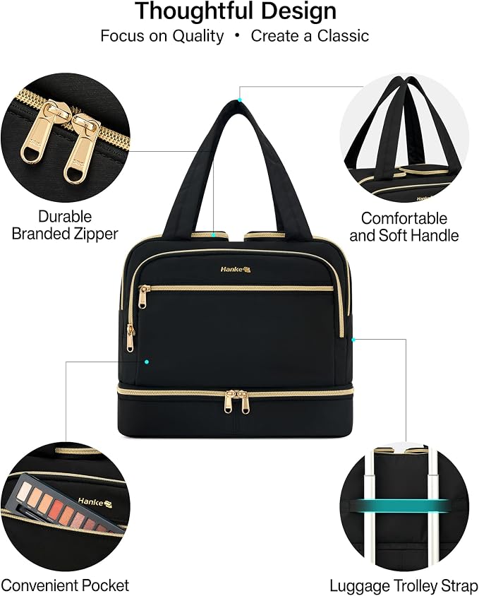 Hanke Travel Toiletry Bag, Lightweight Wide-open Large Toiletry Bags for Women, Dual-Layer Makeup Bag Water-Resistant Cosmetic Travel Bag with Handle for Accessories, Essentials, Black - Image 7