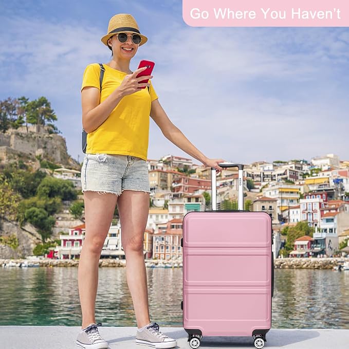 Kono 24 Inch Luggage Suitcase with Spinner Wheels TSA Lock | Lightweight PC+ABS Hardside Medium Checked Luggage Durable Rolling Suitcase Pink - Image 2