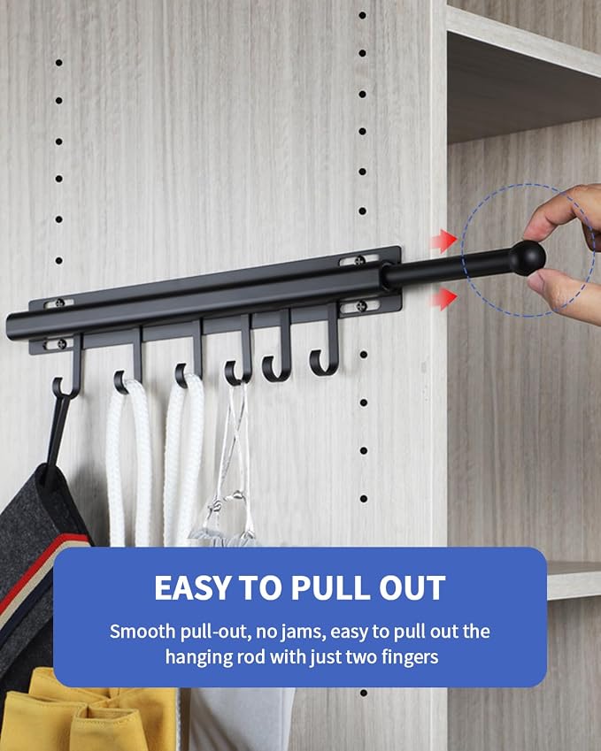 BaiNong Valet Rod for Closets Pull Out 16.5" Black with 6 Hooks | Closet Valet Rod Slide Out for Closets, Laundry Rooms, RVs Space-Saving - Image 3