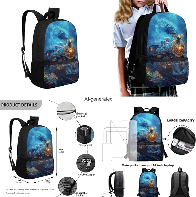 Train Backpack for Boys Kids Backpack with Lunch Box Water Bottle Holder and Soft Pencil Pouch 4PCS Set Lightweight Bookbag with Front Pocket 17 inch Large Capacity Elementary School Bag - Image 3