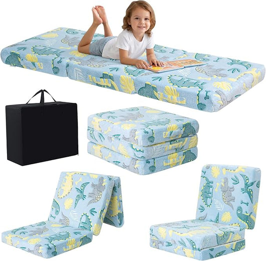 MeMoreCool Glow Dinosaur Kids Foldable Floor Mattress, 57x22 Inch Blue | Glow dinosaur trifold mattress for kids room, playroom, camping and travel by MeMoreCool
