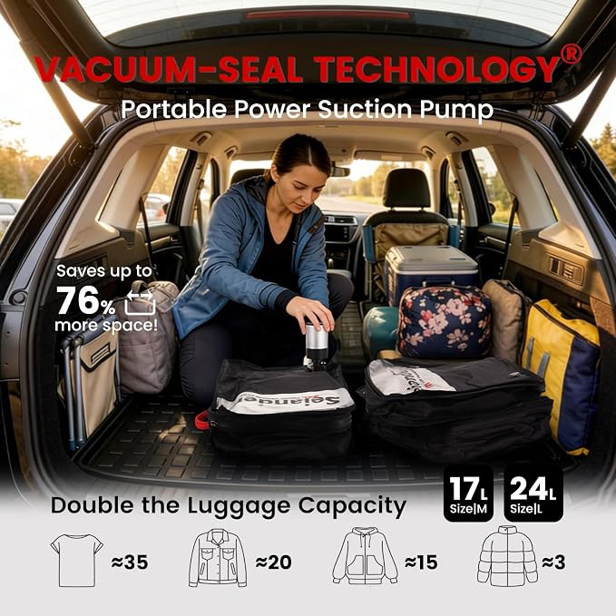 Vacuum Travel Bags with Pump for Car Camping & Backpacking - 6.0kPa Wireless Pump, Odor/Waterproof Anti-Rip Nylon Organizer & Space Saver (24L*1, 17L*1, 2-Pack) - Image 2