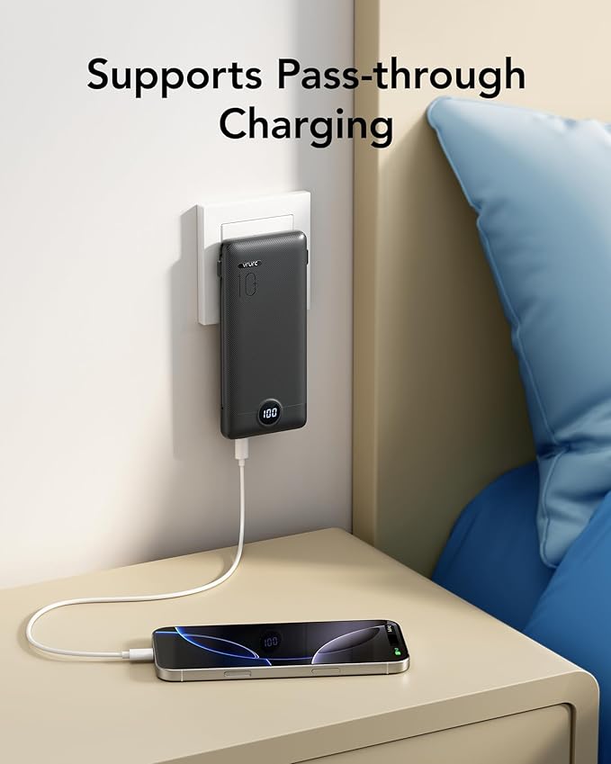 VRURC Portable Charger with Wall Plug, 10000mAh Slim Portable Charger Built in Cables,PD 20W Fast Charging Power Bank with Cords,USB C Portable Phone Charger Travel Accessories -Black(1 Pack)