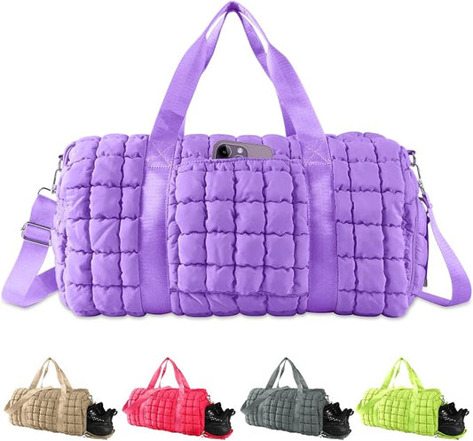 Quilted Travel Duffle Bag Gym Bag for Women,Large Puffer Duffle Weekender Bag with Compartment,Workout Overnight Carry on Organizer Bag Duffle Bag for Airplane Travel(Purple) by XSUIOY
