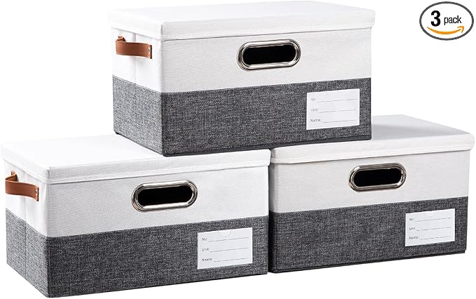 PRANDOM Storage Bins with Lids [3-Pack] Linen Fabric Foldable Storage Boxes Organizer Containers Baskets Cube with Cover for Bedroom Closet Office Grey&White（11.4X8.6X6.7 by Prandom