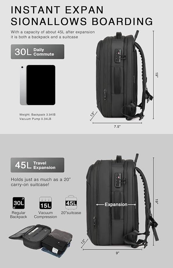Vacuum Seal Travel Backpack 45L with Pump, Expandable Carry On Backpack with Air Compression System, Water Resistant TSA Lock, Fits 16" Laptop for Travel - Image 7
