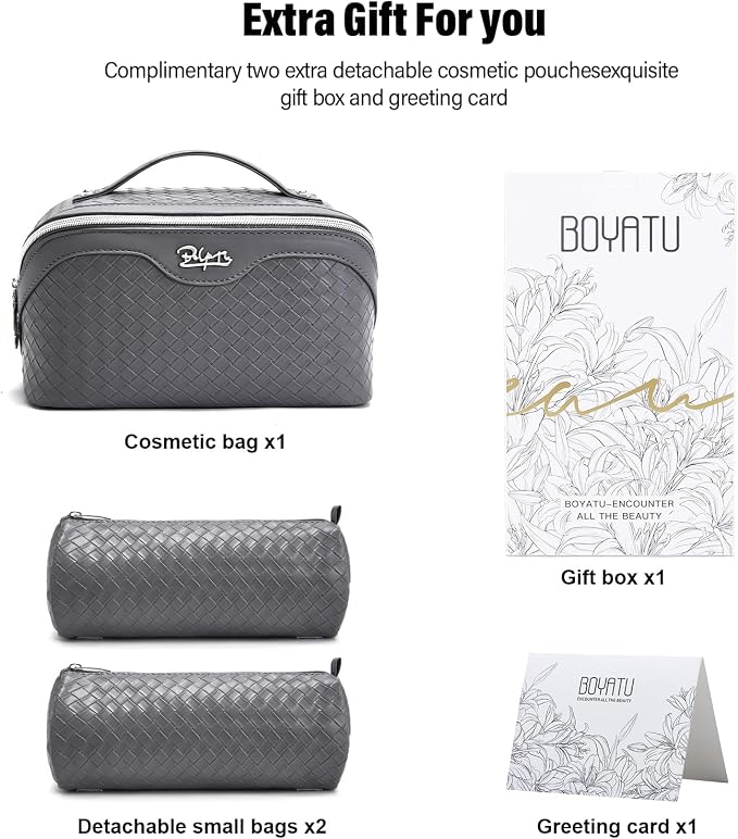 BOYATU Travel Makeup Bag Cosmetic Bags for Women: Large Capacity 3 Pcs Set Make up Bag with Compartments - Waterproof Vegan Leather Toiletry Organizer Bags with Handle (L07Grey) - Image 6