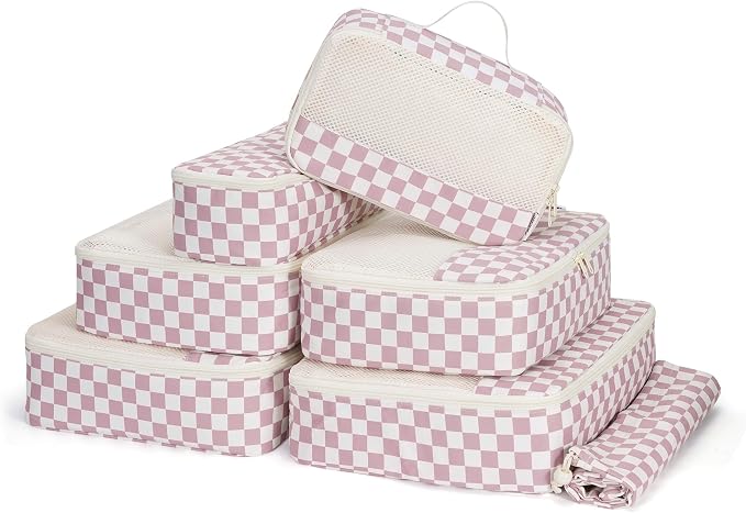 Narwey 7 Set Checkered Packing Cubes for Travel Carry on Suitcase Luggage Organizer Bags for Kids Women Men, Durable Packing Organizers Bag, Travel Essentials Accessories (Dusty Pink Checkerboard) by Narwey