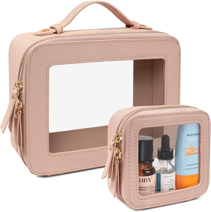 LETGO 2 Pack Clear Travel Toiletry Bag for Women, Large & Mini Waterproof PU TSA Approved Cosmetic Pouches,Portable Beach Vacation Makeup Organizer Set,See Through Skincare Sunscreen Bags for Women by LETGO