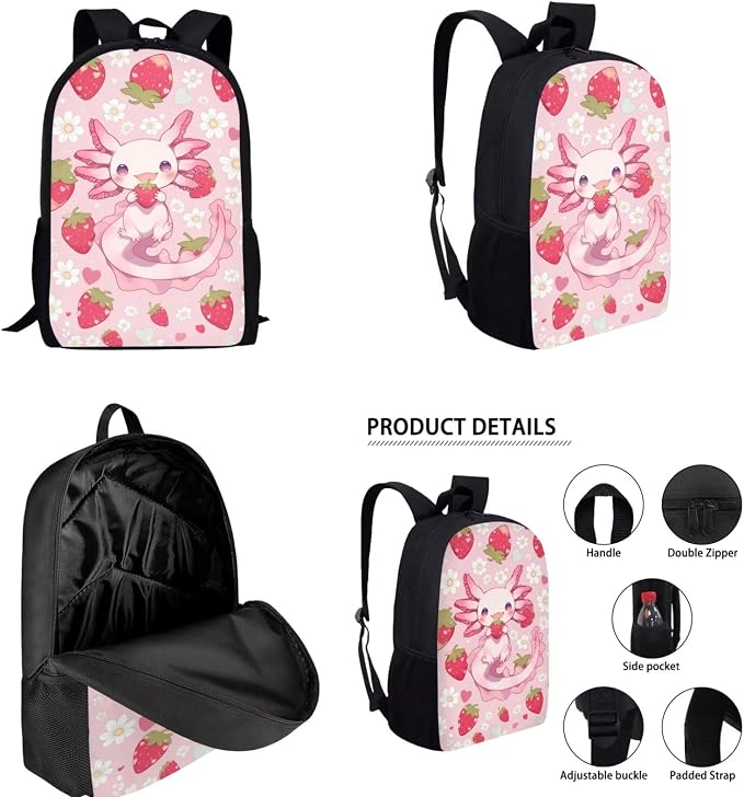 Axolotl Backpack with Lunch Box for Girls 6-8/5-7 Strawberry Bookbag Set 4 in 1 Elementary School Back Pack Lunch Bag Pencil Case Water Bottle Holder Kids Preschool/Kindergarten Book Bags - Image 2