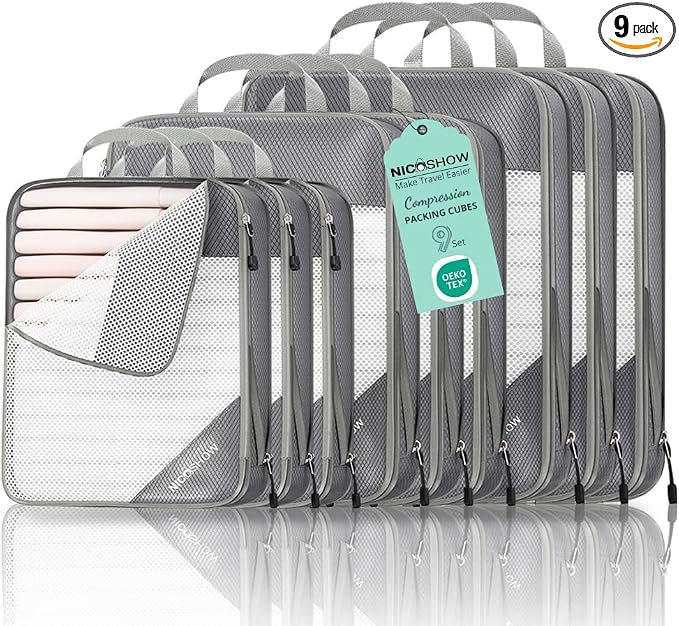 9 Set Compression Packing Cubes for Travel - Compressible, Lightweight, and Space-Saving Packing Cubes, Travel Essentials for Women, Grey by NICOSHOW