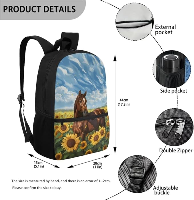 Fashion Backpack Set Sunflower Horse Print Large Capacity Schoolbag Lunch Box Pencil Case 17 Inch Travel Laptop Backpacks Lightweight Rucksack Casual Daypack for Camping - Image 2