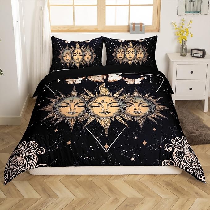 Sun and Moon Bedding Set Full for Women and Boys - Mandala Print Comforter Golden Death Moth Decor Duvet Cover Girls and Teens Starry Sky Bedspread Cover Moth Decor Collections - Image 4