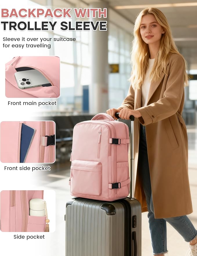WONHOX Large Travel Backpack Women, Carry On Backpack,Hiking Backpack Waterproof Outdoor Sports Rucksack Casual Daypack with Shoes Compartment, Pink - Image 6