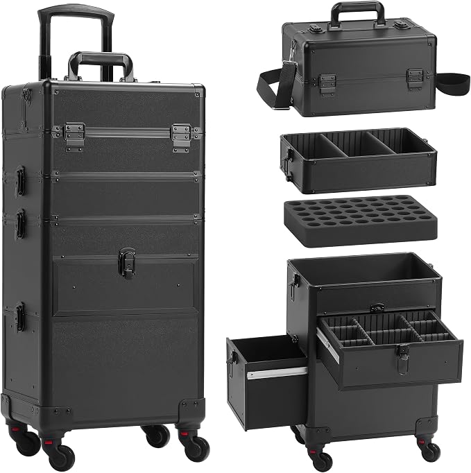 Somduy 4 in 1 Rolling Makeup Case on Wheels with Drawer and Professional Cosmetic Organizers for Salon Barber - Bright Black by Somduy