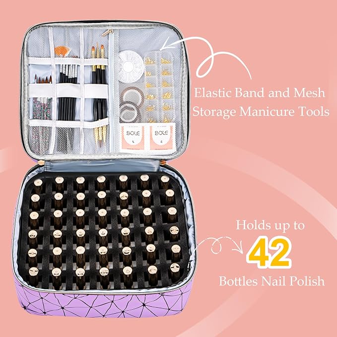 Uross Nail Polish Organizer Bag Holds 42 Bottles Nail Polish & Nail Lamp, Gel Nail Polish Organizers and Storage box for Nail Tech, Nail Kit Supplies Organizer Case - Purple - Image 2