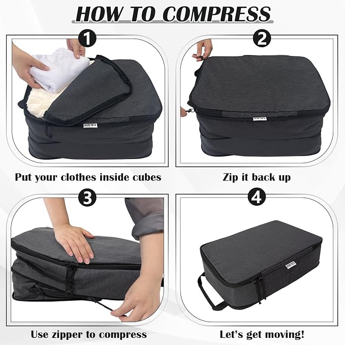 Compression Packing Cubes for Travel Essentials, 4 Set Expandable Travel Cubes for Packing Compression Bags Luggage Suitcase Organizer, Black - Image 6
