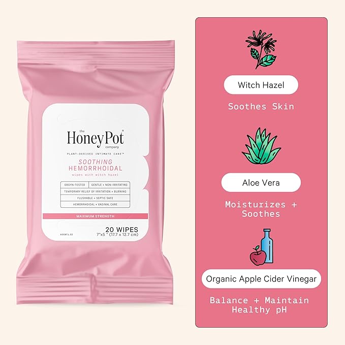 The Honey Pot Company - Soothing Witch Hazel Feminine & Hemorrhoid Wipes - Postpartum Essentials - Pregnancy Must Haves - Ph Balanced - Flushable Hemorrhoid Treatment - Fill Post Partum Kit - 20ct