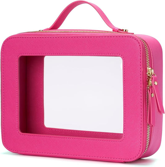 Popvibe Clear Makeup Bag Travel Cosmetic Case Transparent Toiletry Bag with Zipper, Portable Make Up Organizer Traveling Compact Car Bag for Essentials, Hotpink, Large by POPVIBE
