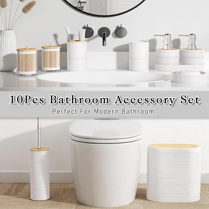 XLHOMO White Bathroom Set - 10PC Bathroom Accessories Set, Luxury Bathroom Accessory Set with Trash Can,Toilet Brush & 2 PC Soap Dispensers for Apartment Decor and Housewarming - Image 5
