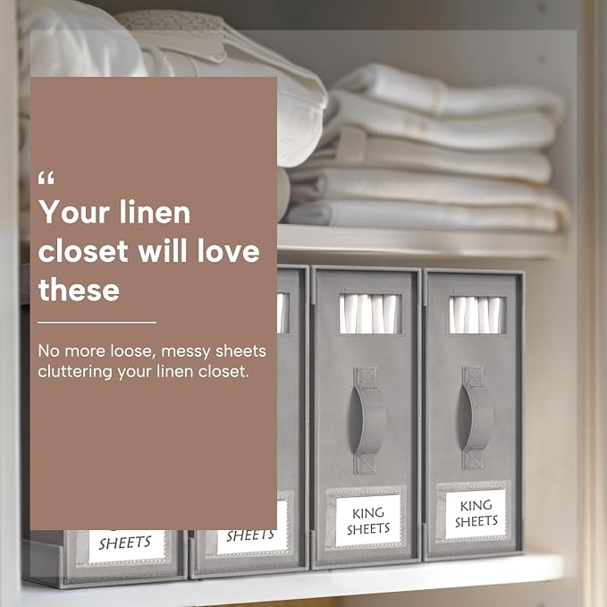 Criusia Bed Sheet Organizers and Storage, 8 Pack Foldable Linen Closet Organizer Box – Bedding Holder for Sheet Set (King/Queen Sizes), Duvet Covers, Blankets (Grey) - Image 3