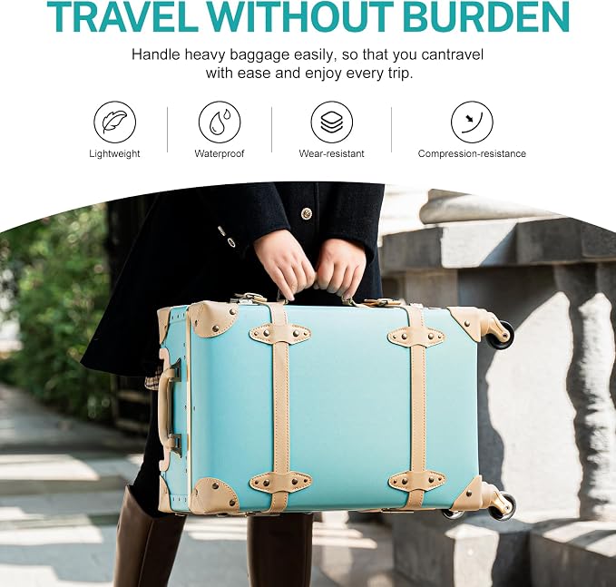 urecity 20" Mint Green Vintage Luggage Set 2 Piece, Aluminum Frame Retro Carry On Suitcase with Cosmetic Case, Vegan Leather Spinner Trunk for Women (Clear Cover Included) - Image 6