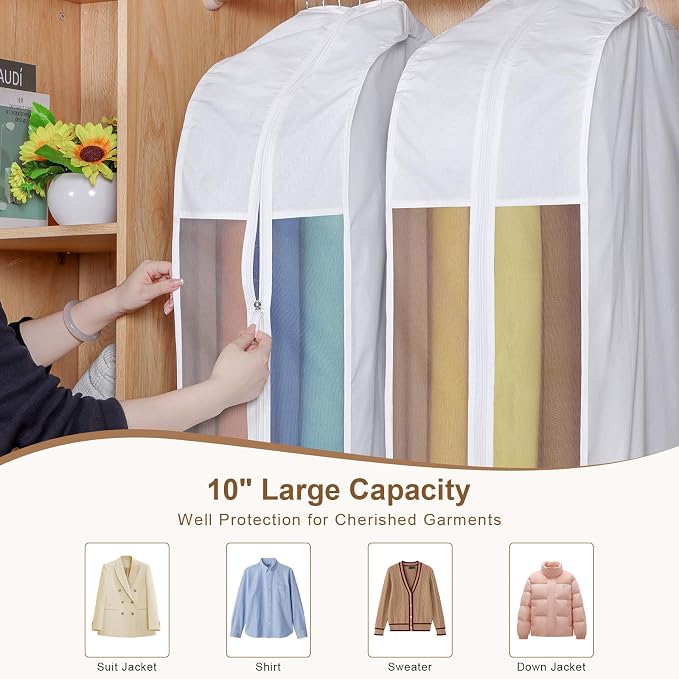 32" Premium Cotton Garment Bag for Hanging Clothes, Breathable Suit Bags for Closet Storage with Extra Large 10" Gusseted & Clear Window, Dust Cover with Zipper for Short Clothes, 3 Pack - Image 5