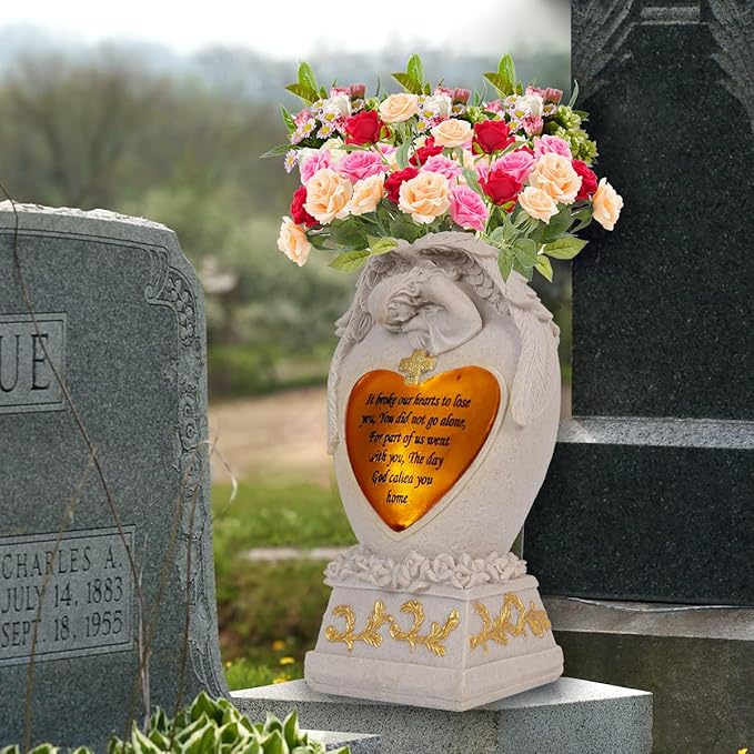 Cemetery Decorations for Grave, Garden Angel, Solar Lights, Family Memorial Statue, Funeral Gift, LED Vase, Crying Angel (Beige)