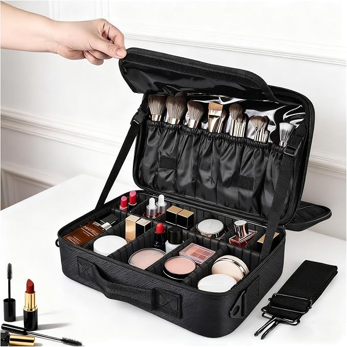 Greenfeather Travel Makeup Bag, Professional Cosmetic Train Case Organizer, Portable Travel Cosmetic Brush Bag Holder Makeup Artist Storage Box with Adjustable Dividers and Shoulder Strap, Black by Greenfeather