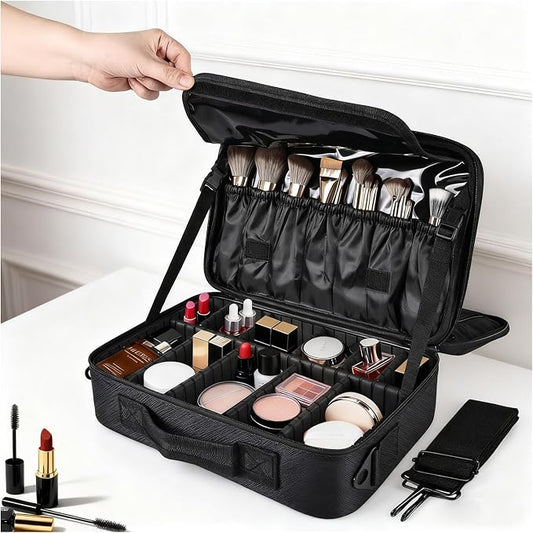 Greenfeather Travel Makeup Bag, Professional Cosmetic Train Case Organizer, Portable Travel Cosmetic Brush Bag Holder Makeup Artist Storage Box with Adjustable Dividers and Shoulder Strap, Black by Greenfeather