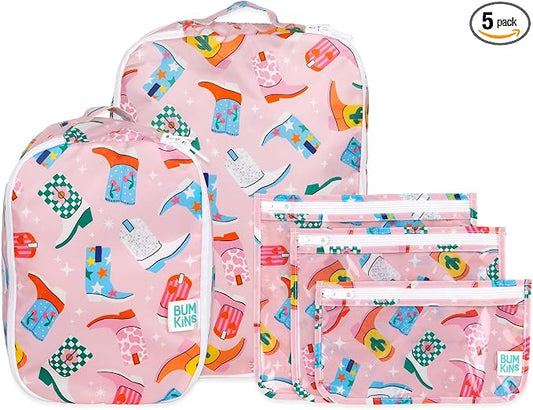 Bumkins Packing Cubes and TSA Approved Pouches for Travel Bag, Organize Luggage with Compression Bags, Essential Traveling Accessories to Pack Clothes, Toiletries Carry On Suitcase, 5-pc Cowgirl Boots by Bumkins
