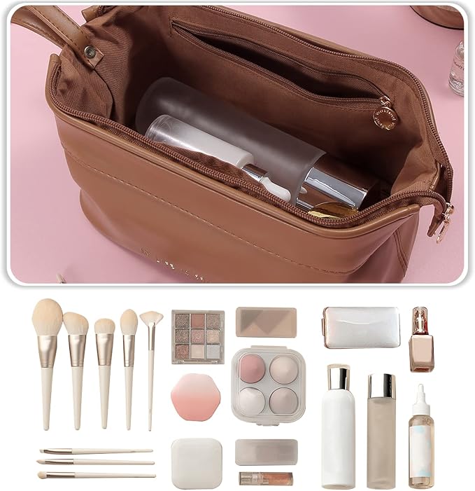CORIOS Toiletry Bag For Women Portable Make Up Bag Waterproof Wash Bag PU Leather Cosmetic Bag Bathroom Shower Bag Multifunctional Travel Organizer For Shampoo, Cosmetics, Toiletries Pink C - Image 5