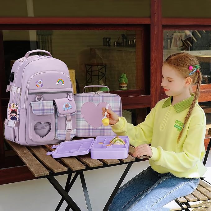 ACESAK Girls Backpack - Bento Box with Insulated Lunch Bag Pencil Case & Utensils Set for Kids, 6 Leakproof Compartments Removable Tray Lunches or Snack Container for School (Purple) - Image 7