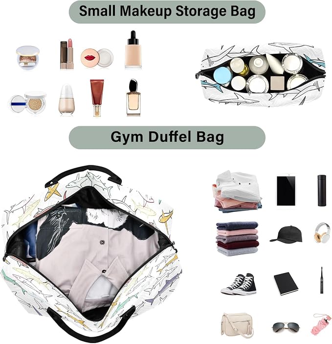 Weekender Bags Travel Duffel Gym Bag Carry on Overnight Tote Bag with Toiletry Bag for Airplane Travel Trip Gym Yoga (Drawing Sharks 2) - Image 4