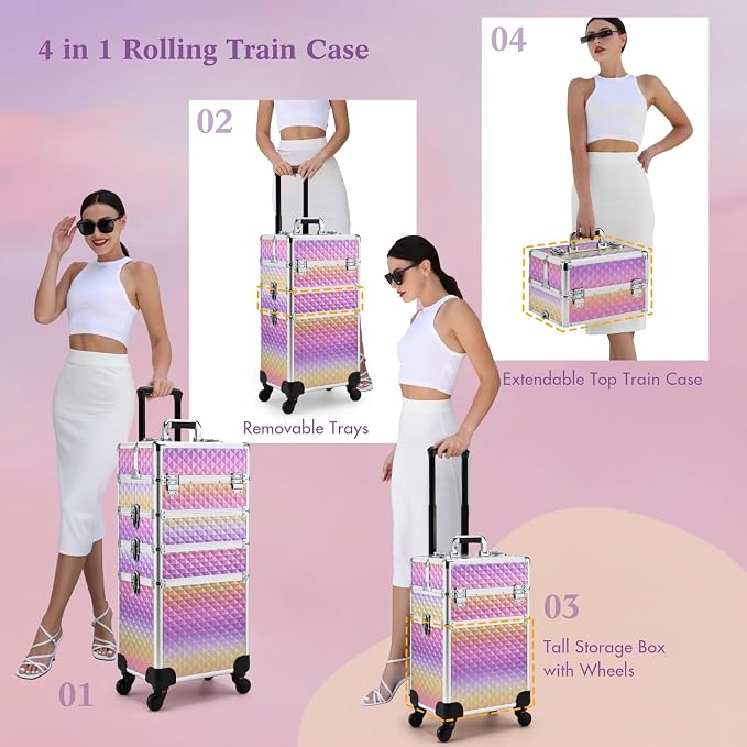 Yueieoun Makeup Case on Wheels, Rolling Train Case, 4-in-1 Makeup Trolley, Cosmetic Cases Makeup Travel Cart with Key for MUA, Hairstylists, Nail Tech, Gradient Purpple - Image 2