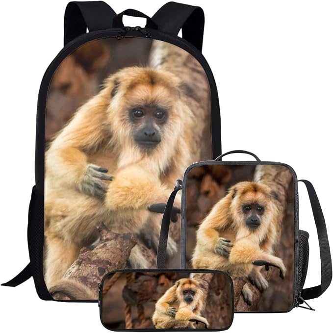 Kids Novelty Animal Backpack and Lunch Box for Boys Girls Student Lightweight 17 Inch School Howler Monkey Backpack with Lunch Bag Pencil Case Kids Comfy Padded Black Large Bookbag by Parprinty