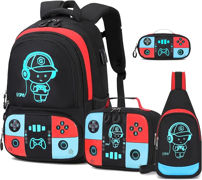 Bevalsa Backpack for School Boys, Cool Luminous Gamer Boys Schoolbag with Sling Bag,Lunch Box & Pencil Case for Kids Children Teens Elementary Middle School(Red Blue Backpack with Shoulder Bag) by Bevalsa