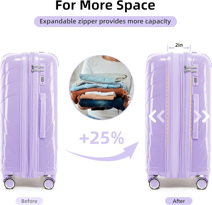 5 Piece Luggage Set Carry on Suitcase with Spinner Wheels, Expandable Hardshell Luggage PP Lightweight Suitcase Set for Women (Lavender) - Image 3