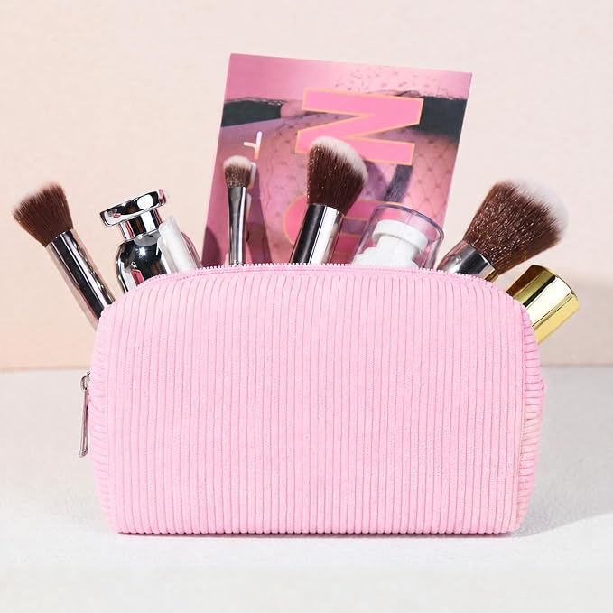 SOIDRAM 2 Pack Corduroy Makeup Bag for Women, Pink Makeup Pouch Small Cosmetic Bag Travel Toiletry Organizer for Skincare, Brushes & Essentials - Image 3