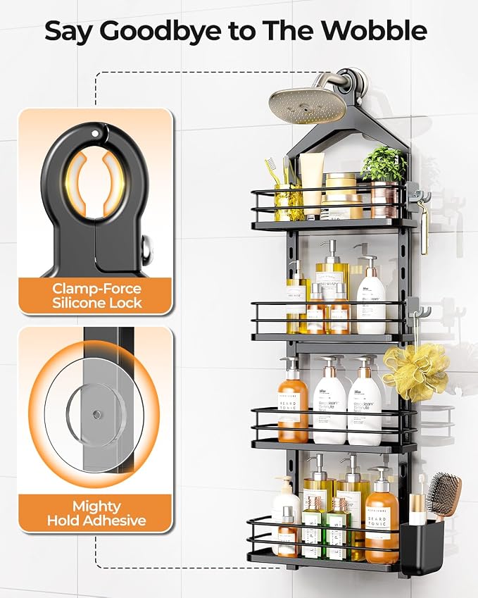 ODesign 4 Tier Height-Adjustable Shower Caddy Hanging Anti-Swing-Over The Shower Head Caddy-Sho wer Storage Organizer Bathroom Shelves Basket Caddies-Black - Image 5