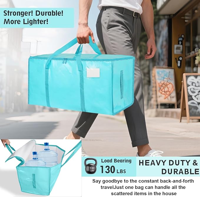4 Pack-Extra Large Heavy Duty Moving Bags - Waterproof Storage Totes with Handles & Zippers, Foldable for College Dorm, Storage (lake blue) - Image 3